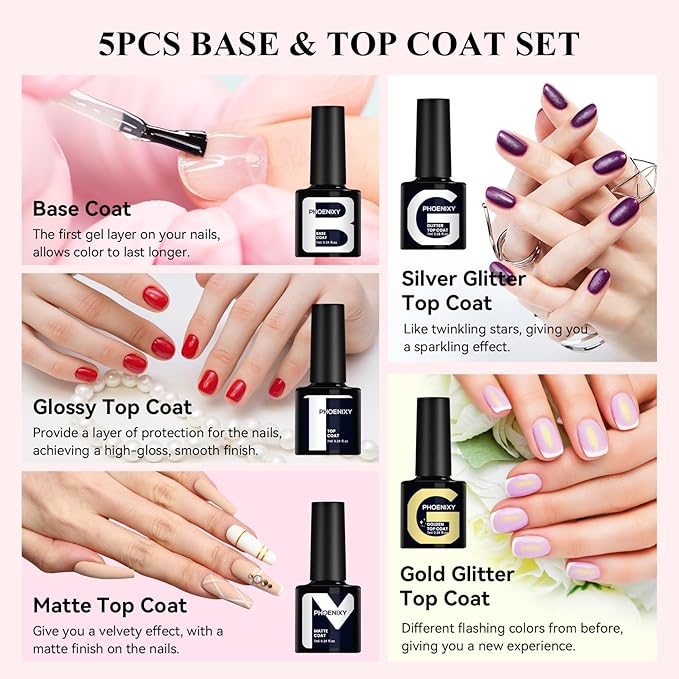 phoenixy 30 PCS Gel Nail Polish 25 Colors Gel Nail Polish Set with Base Coat Glossy Matte and Glitter Top Coat Pink Red Green Starter Gift for Women - PCB9041
