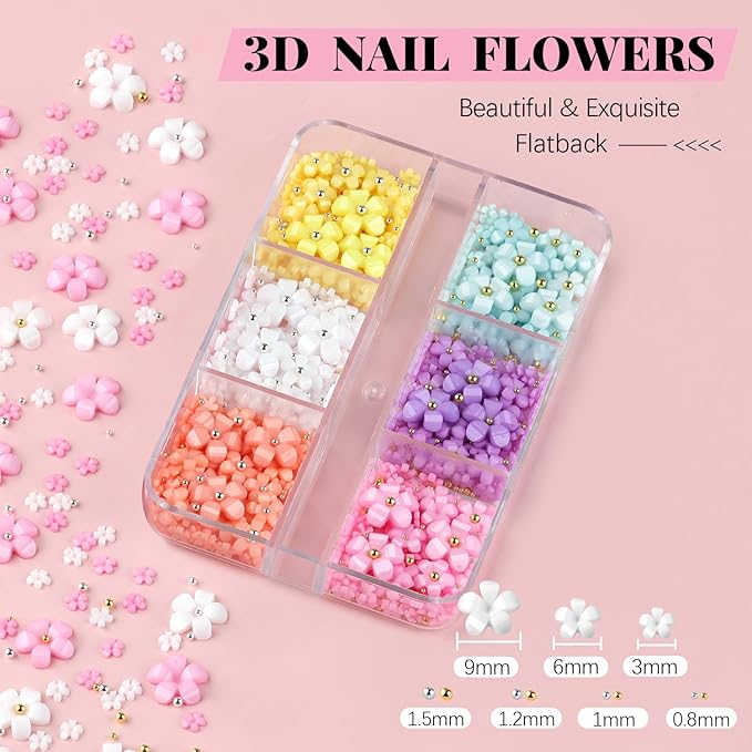 3D Flowers, Manicure Kit with Rhinestone Glue Gel, Colorful Acrylic Flower Nail Charms with Caviar Beads, Rhinestones for Nails with Gem Glue (UV/LED Needed) with Pickup & Dotting Tools