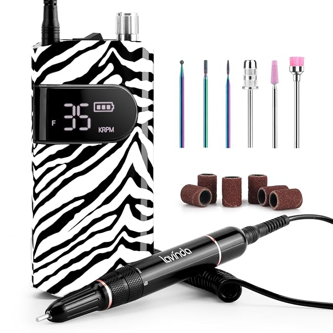 Lavinda 35000RPM Electric Nail Drill, Cordless Nail Drill Machine Portable Rechargeable Nail Efile for Acrylic Gel Nails, Manicure Pedicure Polishing Shaping Tool for Salon Home Use-Zebra Pattern