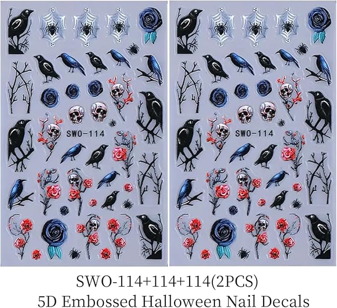 Halloween Nail Art Stickers Decals Black Style 5D Halloween Nail Stickers 2PCS Birds Skull Rose Spider Web Designs Nails Adhesive Decals Nail Art Supplies Holiday Manicure Sliders for Women