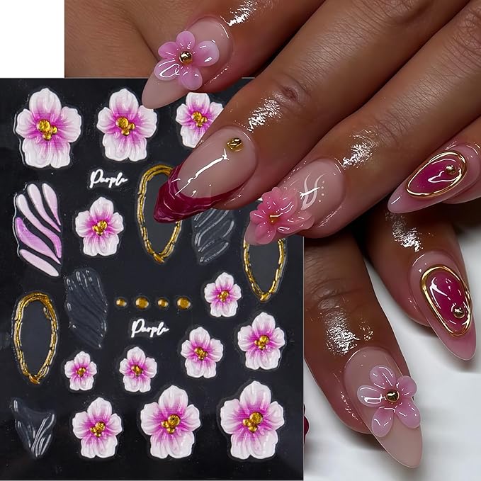 4 Sheets Flower Nail Art Stickers Decals 5D Embossed Flower Leopard French Line Nail Decals Pink Floral Leopard Nail Art Design Pink Flowers Coil Nail Supply for Women Winter DIY Manicure Decorations