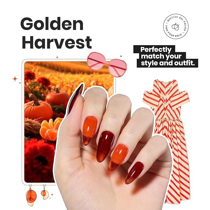 Beetles Fall Nail Polish Set - Golden Harvest 6 Colors Quick Drying Long-Lasting Burgundy Brown Red Jelly Glitter Christmas Nail Polish for DIY At-Home Manicure Christmas Gift for Women
