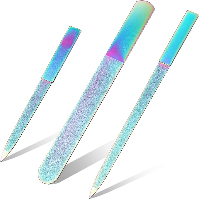 Mudder 3 Pcs Diamond Nail File Set for Women Men Stainless Steel Metal Sapphire Double Side Fingernail Toenail Buffer Filers Rainbow Emery Boards for Salon Home Travel Manicure Pedicure Nail Care Tool
