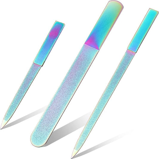 Mudder 3 Pcs Diamond Nail File Set for Women Men Stainless Steel Metal Sapphire Double Side Fingernail Toenail Buffer Filers Rainbow Emery Boards for Salon Home Travel Manicure Pedicure Nail Care Tool
