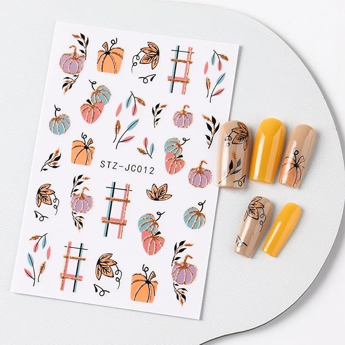 6Pcs Fall Nail Stickers for Nails Art Cute Pumpkin Nail Decals Maple Leaf Nail Art Stickers 3D Self-Adhesive Autumn Leaf Nails Supplies Thanksgiving Manicure Sliders for Women Nails Art Decorations
