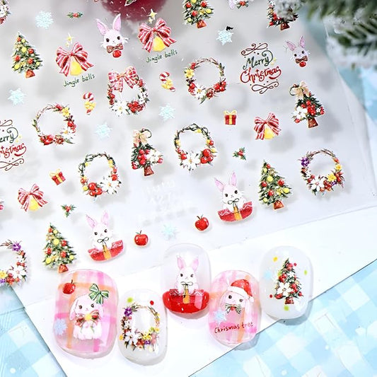 Christmas Nail Stickers for Nails Art Gold Nail Stickers Christmas Tree 5D Self-Adhesive Bow Nail Decals Winter Nails Art Cute Rabbit Nails Design Decoration Accessories for Women and Girls