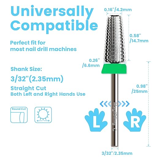 5 in 1 Nail Drill Bits, Straight Cut 3/32'' Professional Tungsten Carbide Bits, Two-way Rotation Easy for Left Hand, Hard Soft Gel Removal Fast Manicure Polishing, Coarse