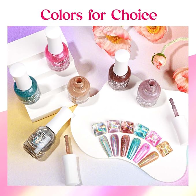 MIZHSE Holographic Nail Polish, Pink Glitter Nail Polish Air Dry Fast, 15 ml High Glossy Shimmer Nail Pigment Oil-based Laser Iridescent Nail Lacquer Chrome Halo Nail Art Salon Manicure Home