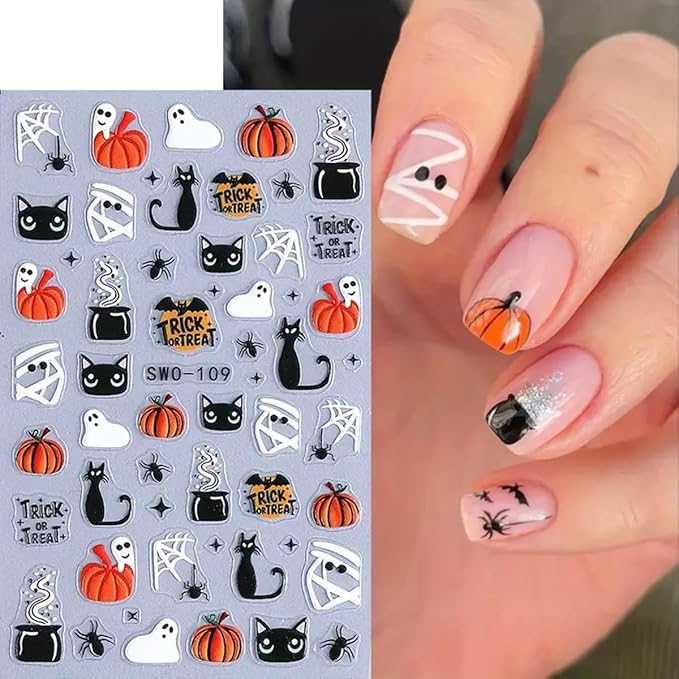 Halloween Nail Art Stickers Decals 3D Cute Ghost Black Cat Halloween Nail Stickers 4PCS Pumpkin Spider Web Skeleton Flower 3D Embossed Nail Decals Manicure Sliders for Women Nail Art Decorations
