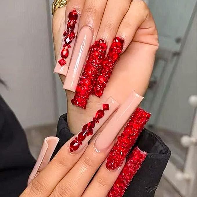 Canvalite 2900Pcs Red Rhinestones for Nails, 18 Styles Multi Shape Nail Charms and Gems Shiny Glass Crystal Flatback Nail Rhinestones Set for Nail Art with Rhinestone Picker and Tweezers