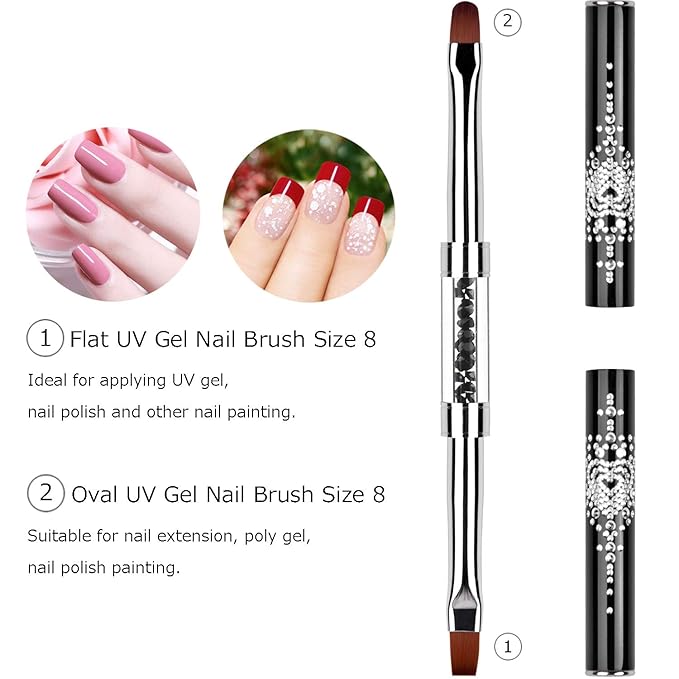 2Pcs Dual-ended Nail Design Brushes Rhinestone Handle UV Gel Nail Brush Set Professional Nail Art Tools
