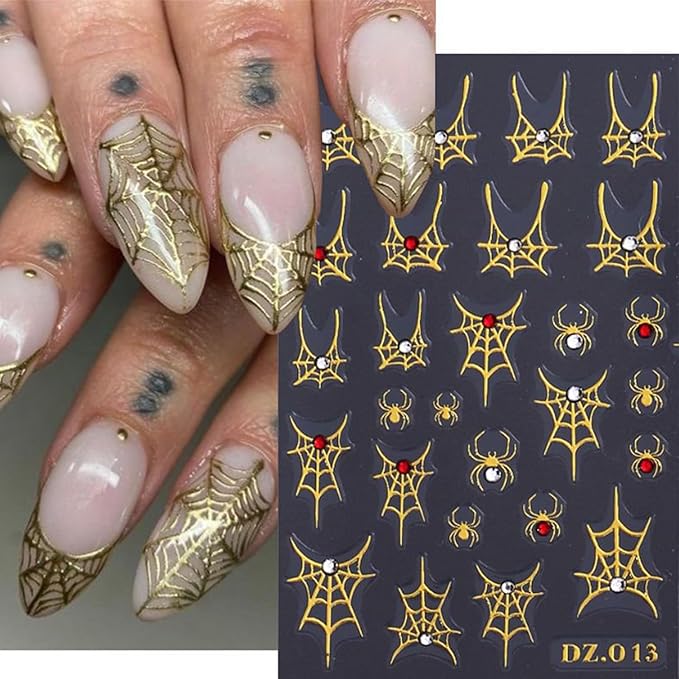 5 Sheets Halloween Nail Art Stickers 3D Self -Adhesive Spider Web with Rhinestones Design Nail Decals Holographic Diamond Spider Nail Stickers Halloween Nail Decoration for Women Manicure Supplies