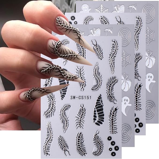 Halloween Nail Stickers, 3D Self-Adhesive Cute Ghost Nail Art Decals, DIY Holiday Nail Decoration Supplies Charms for Women and Girls, Autumn Nail Art, 6 Sheets