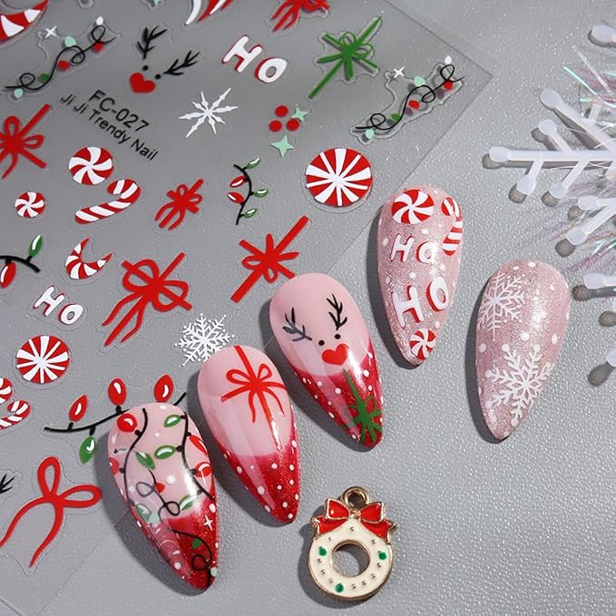 Christmas Nail Stickers for Nail Art, French Gift Bow Snowflake Nail Art Stickers 6PCS Colorful Light Candy Cane Deer HoHo Xmas Nails Design Adhesive Decals for Acrylic Nails DIY Manicure Decorations