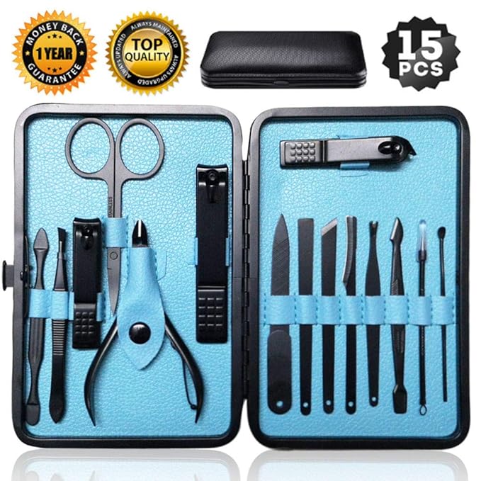 Sharp Nail Scissors and Nail Clippers Set High Precisio Stainless Steel Nail Cutter Pedicure Kit Nail File Manicure Pedicure Kit Fingernails & Toenails with stylish case (blue_(15in1))