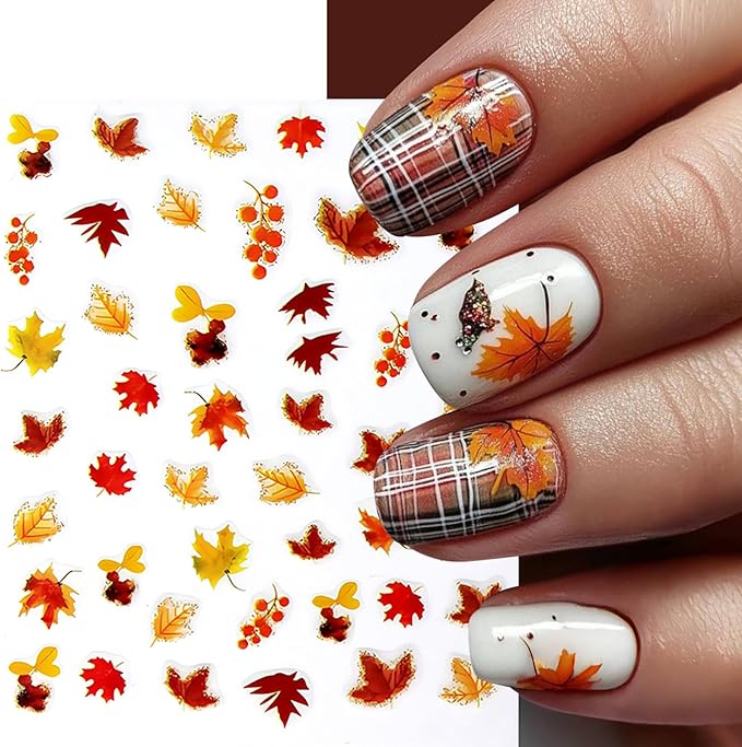 8 Sheets Autumn Maple Leaves Nail Stickers Glitter Pumpkin Nail Decals 3D Self-Adhesive Maple Leaf Nail Art Supplies Fall Ginkgo Leaf Stickers for Nails Thanksgiving Day Women DIY Manicure Decoration
