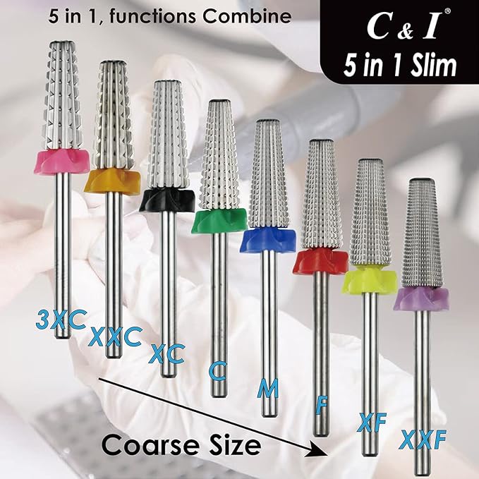 C & I 5 in 1 Nail Drill Bit, Slim Edition, Professional Manicure Drills for Electric Nail Drill Machine (Fine -F)