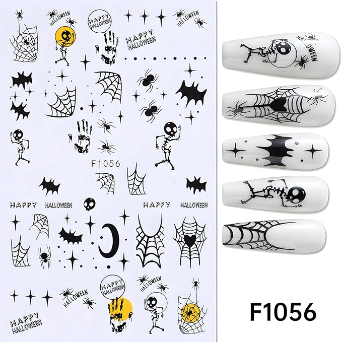 Halloween Nail Art Stickers, Cute Cat Nail Decals 3D Self-Adhesive with Spider Bat Pumpkin Flower Skull Spider Web Design 6Pcs Halloween Nail Art Supplies for Women Nail Decoration