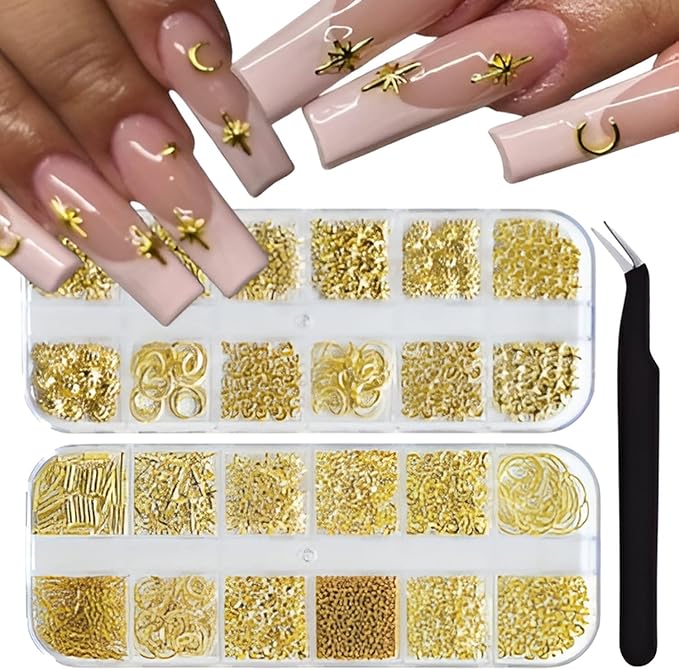 24 Grid Gold Nail Art Charms Moon Star Nail Charms and Gems Gold Nail Rhinestone for Decorations Manicure Supplies Accessories DIY Nail Art Makeup Decoration