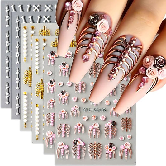 6Pcs Halloween Nail Stickers for Nail Art, 5D Embossed Skeleton Decals Self-Adhesive Nails Supplies Rose Gold White Bone Skeleton Designs Goth Nail Stickers for DIY Manicure Decor