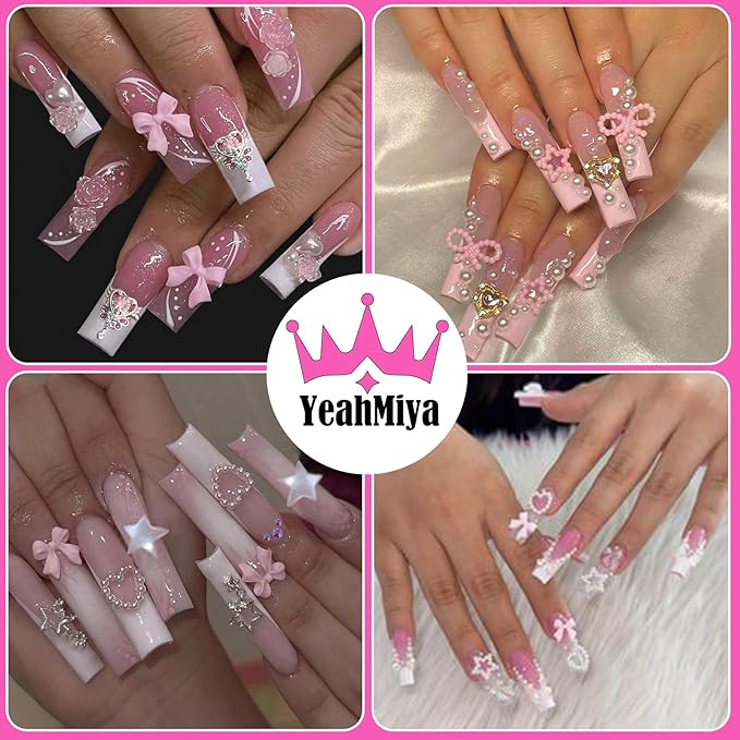 3D Nail Charms, Mixed Flower Bow Moon Heart Star Nail Art Charms Nail Art Charms, Half Round Pearl+Flatback Pink Gems+Gravel Diamond+Nail Studs, Nail Gems for Nail Art DIY Decoration with Pickup Tools