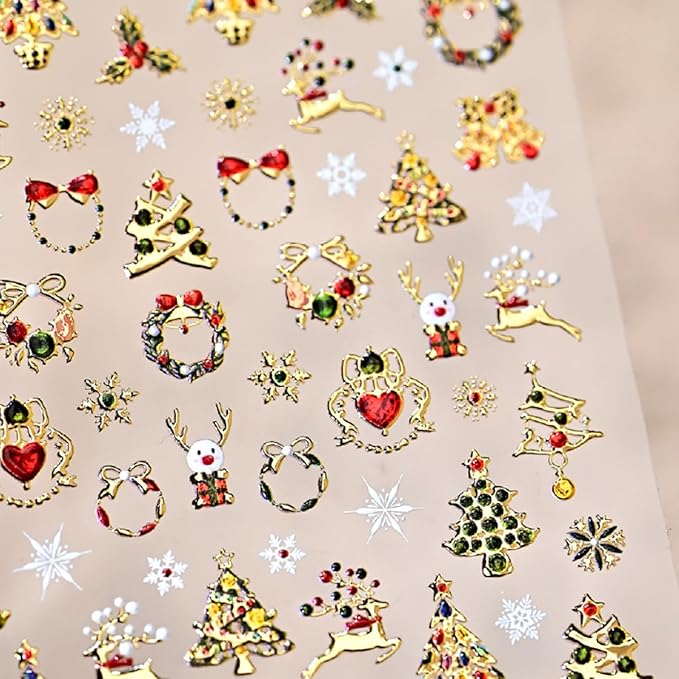 Christmas 5D Embossed Nail Art Stickers Gold Xmas Trees Nail Decals Self Adhesive Snowflake Bell Reindeer Snowman Nail Stickers Xmas Holiday Gift Nail Design Stickers Elk Nail Art Supplies for Women