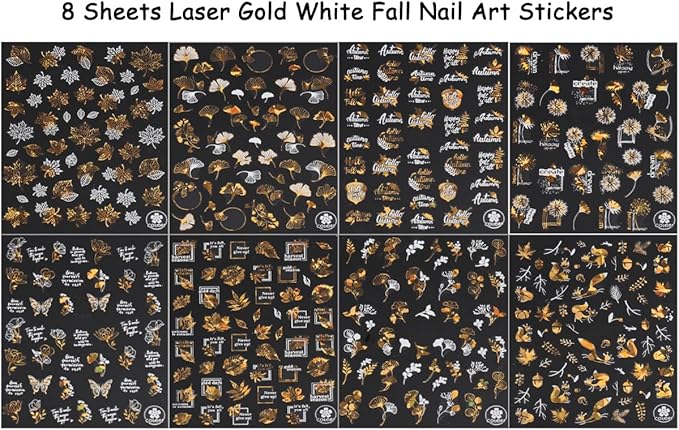 8 Sheets Bronzing Fall Nail Art Stickers Decals 3D Self-Adhesive Laser Gold White Leaves Flowers Nail Decals Autumn Maple Leaf Nails Design Stickers Thanksgiving Nail Art Supplies for Women