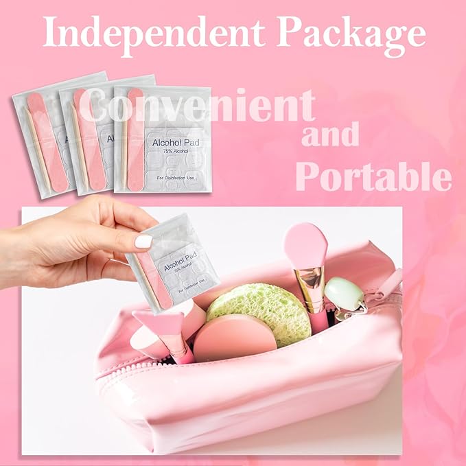 50 Set Disposable Press on Nail Tool Kit, Including 50pcs Nail File, 50pcs Adhesive Nail Tabs, 50pcs Prep Pad, 50pcs Wood Stick, 50pcs OPP Bag, Manicure Nail Prep Kit for Salon Home (50pcs-B-Pink)