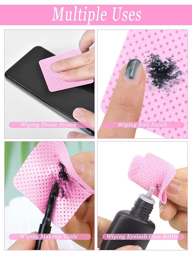 800 PCS Lint Free Nail Wipes, Eyelash Extension Glue Wipes, Lash Glue Cleaning Pads, Adhesive Wipes, Nail Polish Remover Wipes for Lash Extension Supplies (Pink)