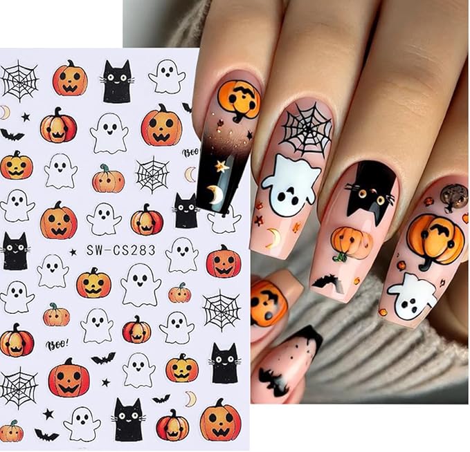 8Pcs Halloween Nail Stickers Cute Rabbit Ghost Nail Decals 3D Self Adhesive Pumpkin Spider Web Design Fall Nail Art Stickers Horror Ghost Nails Supplies French Sticker for Holiday Manicure Decoration