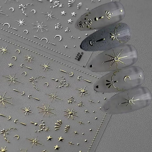2 Sheet Gold Moon Star Nail Art Stickers Bronzing Nail Stickers for Nail Art 5D Self-Adhesive Luxury Nails Decals for Women Girls Manicure Decoration