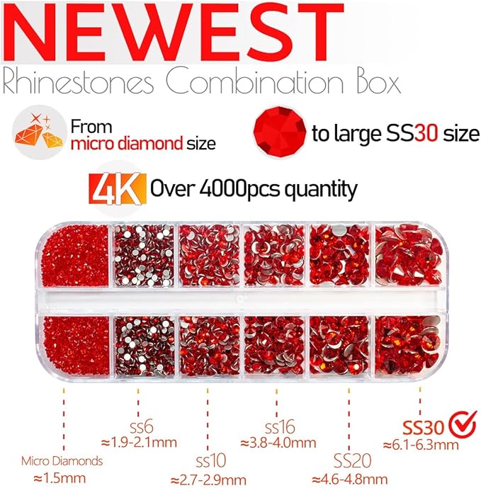 4010pcs Red Rhinestones Nail Gems Siam Red Round Flatback Stones 6 Sizes(1.6-6.1mm) to SS30 K9 Glass Non-Hotfix Ruby Red Nail Crystals Jewels Nail Art Nail Charms for Nails Eyes Face Makeup Crafts DIY