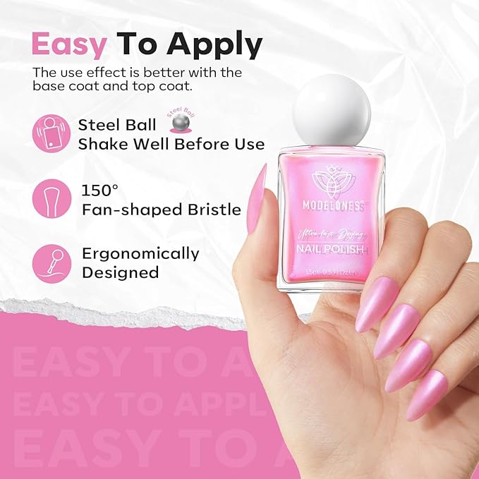 modelones Shine Pink Nail Polish, 15ml Shimmer Pearl Pink Nail Polish Quick Dry Nail Lacquer Strengthener Long Last Shine Fingernail Toe Nail Art DIY Home Travel Manicure Gift for Women Girls