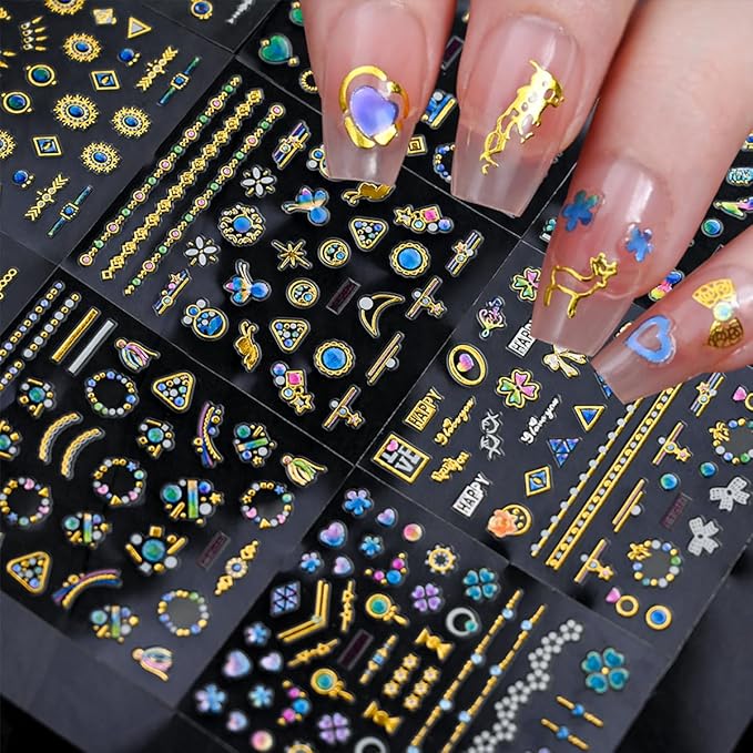 30 Sheets Gold Nail Art Stickers Blue Diamond Nail Design Stickers Heart Self Adhesive Acrylic Nail Supplies 3D Cute Floral Nail Decorations for Women Girls