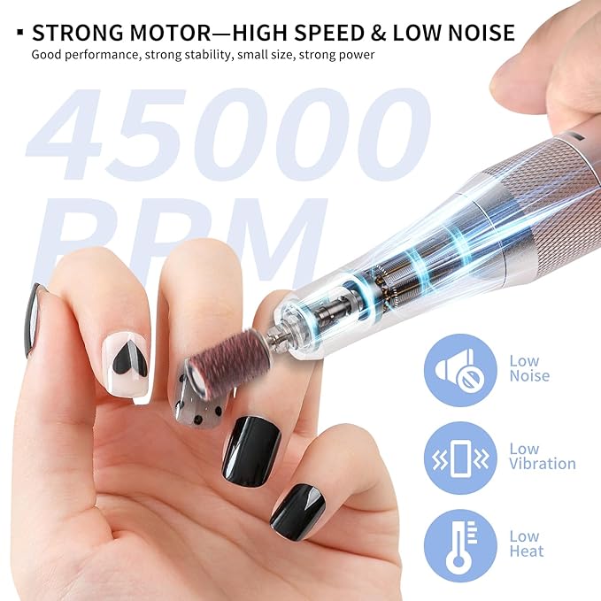 Electric Nail File for Acrylic Nail Kit, 45000RPM Electric Nail Drill Professional Manicure Pedicure Set with Nail Drill Kit Bits, Efile Cordless for Manicure