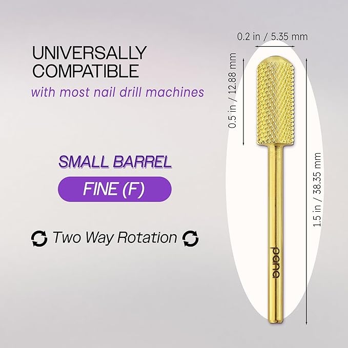 PANA 3/32" Small Smooth Round Top Safety Carbide Nail Drill Bit for Gel Polish & Acrylic Removal Nail Salon Manicure Pedicure Electric File Tools (Small Barrel - Gold, Fine)