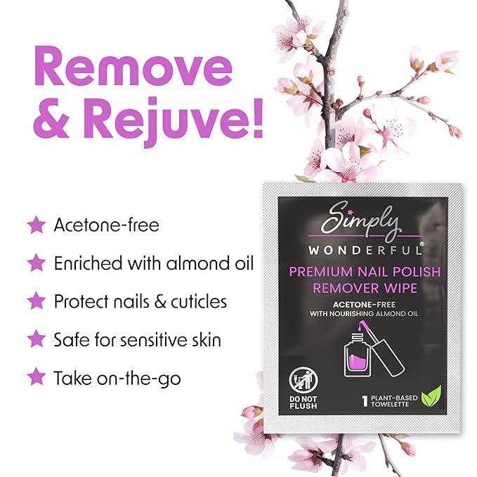 Simply Wonderful Nail Polish Remover Wipes, Acetone-Free, Enriched with Nourishing Almond Oil, Plant-Based Nail Polish Remover Pads, Lint-Free, 20 Individually Wrapped Nail Polish Wipes