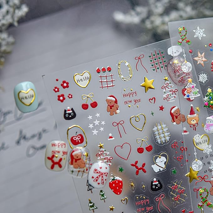 Christmas Nail Stickers 5D Embossed Xmas Nail Decals 1PCS Bear Bow Christmas Tree Star Love Heart Cartoon Self-Adhesive Design Holiday Nail Stickers Manicure Accessories for Women DIY Nail Art Decor