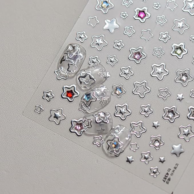 Star Nail Art Stickers Decals Shiny Silver Star 5D Embossed Nail Decals with Crystal, 1PCS Hollowed Stars Self-Adhesive Nails Design Manicure Sliders Y2K Nail Art Supplies for Women DIY Decorations