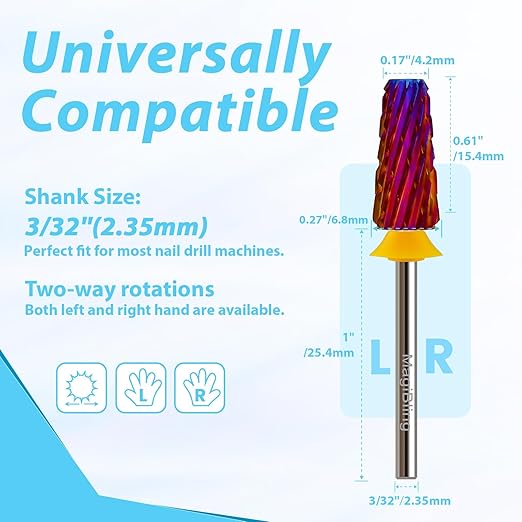 Professional Nail Drill Bits for New Artists, Cross Cut 3/32'' Safety Tungsten Carbide Tapered Bit, Remove Gel Fast, Left & Right Hand Use, Manicure Cuticle Soft Hard Gel Polishing, Double Coarse.