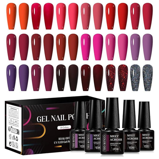 MEET ACROSS 18pcs Gel Nail Polish Set Soak Off UV LED Lamp Gel Nail Polish Kit (SET-2, 18pcs)