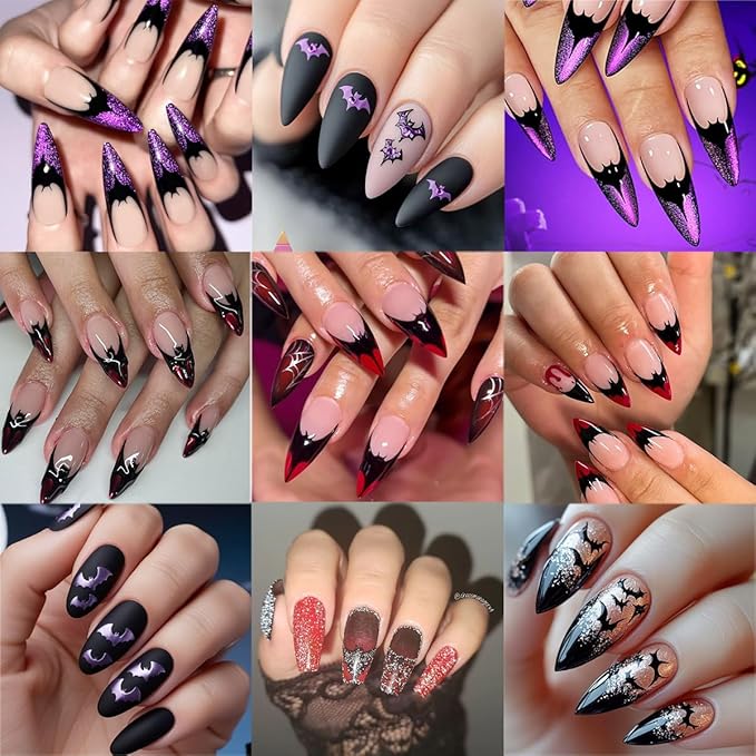 3 Sheets Halloween Nail Stickers for Nail Art 3D Bat Nail Art Stickers Silver Red Black Glitter with French Tip Design Sticker Horror Gothic Nail Decals for Women Acrylic Nails Decoration