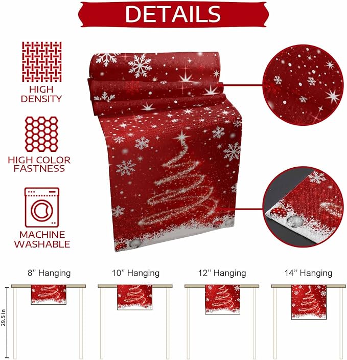 Red Christmas Table Runner 36 Inches Long, Xmas Tree Balls Snowflake Table - Image 7