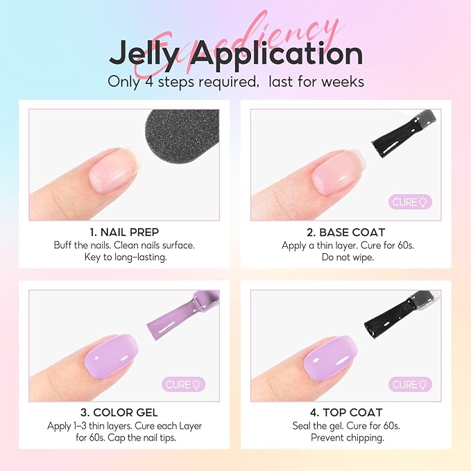 Peacecolor 10ML Jelly Nail Polish Gel Set, 6 Transparent Colors Pink Blue Green Purple Yellow Gels Polish for Salon Sheer Gel Manicure Set Nail Art DIY at Home