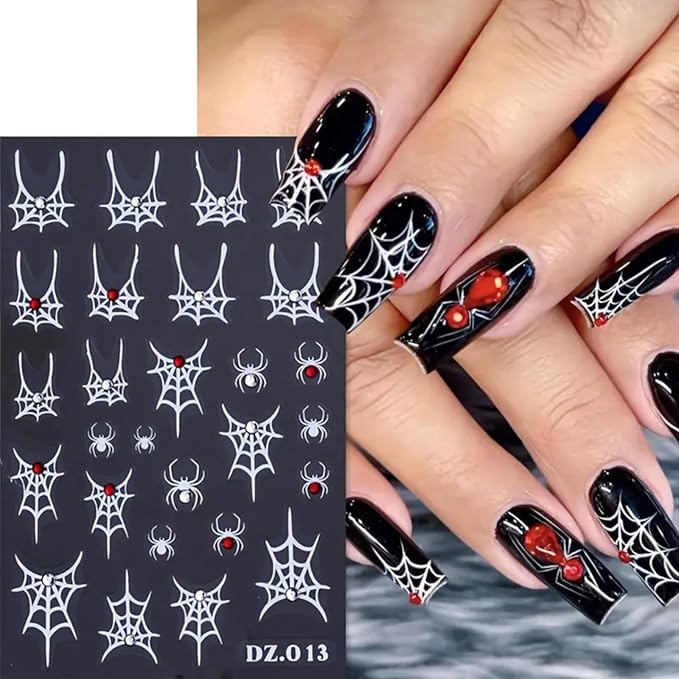 Halloween Nail Art Stickers Decals 4PCS White Spider Web Spider Nail Decals with Rhinestone Crystal Spider Web Spider Nail Stickers Bow Heart Halloween Nail Art Supplies for Women Manicure Decorations