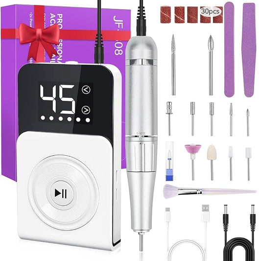 Cadrim Portable Electric Nail Drill Professional 45000 RPM, 2025 Upgrade-Speed Control Disc, Rechargeable Electric Nail File for Acrylic Gel Nails, Nail Drill Kit for Salon Home, White