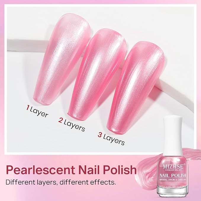 MIZHSE Pearlescent Rose Pink Nail Polish, Quick Dry Pearl Nail Polish, Air Fast Drying 15ml Nail Lacquer Non Gel Oil-based Nail Art Manicure Home DIY