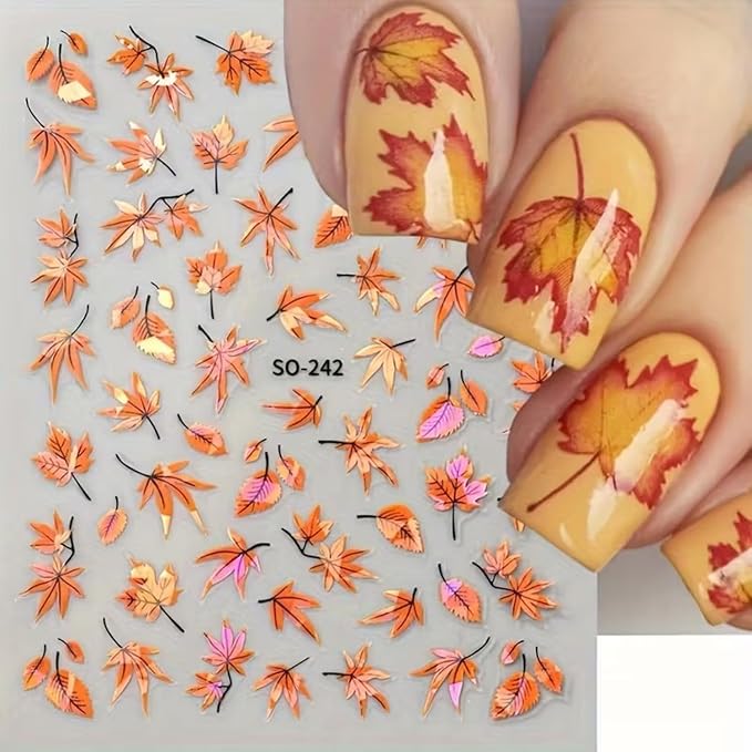 Fall Nail Art Stickers Autumn Maple Leaf Nail Decals 6PCS Laser Fallen Leaves Nail Art Supplies 3D Self-Adhesive Nail Stickers Autumn Leaf Nails Accessories for Women Thanksgiving Day Manicure Decor