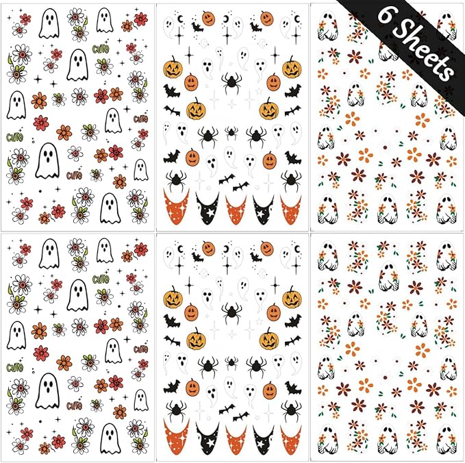 6 Sheets Halloween Nail Stickers Cute Ghost Pumpkin Nail Decals 3D Self-Adhesive Star Spider Bat Flowers Nails Stickers Fall Halloween Nails Art Supplies for Women Holiday DIY Manicure Decorations