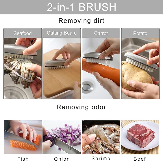 2 Pieces Nail Brushes for Cleaning, Beomeen Stainless Steel Fingernail Cleaner, Hand Nail Toes Cleaning and Scrubbing Brushes, Pedicure Nail Scrubber Non-Slip for Kitchen, Men & Mechanics